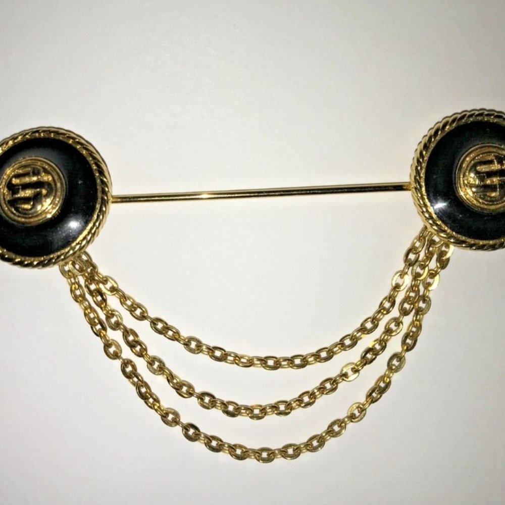 St John Designer Logo PIN 3 Chain BROOCH Black enamel gold Stick Pin Marie Gray